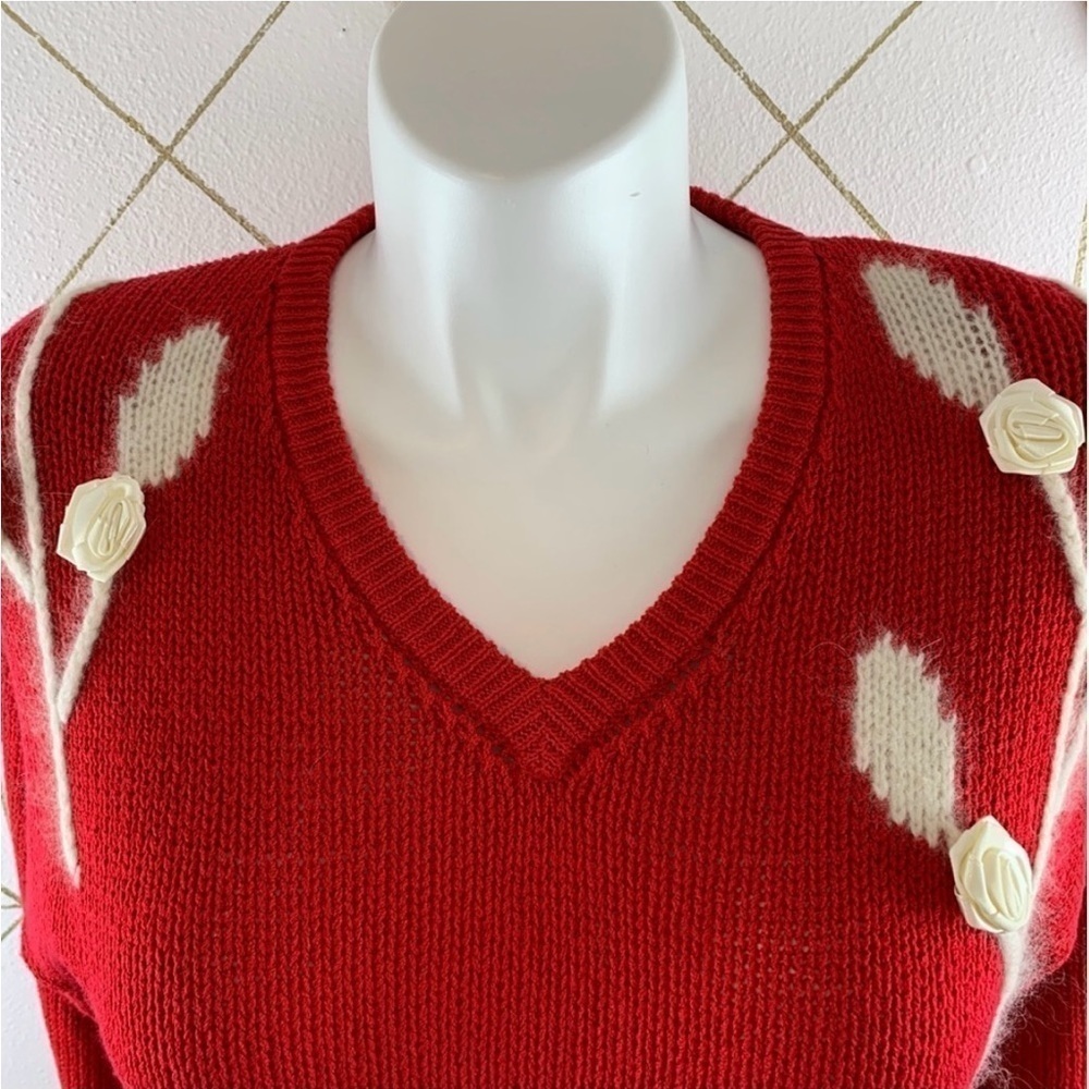 Christina Grant | Vintage Knit Angora Blend Rose Floral Accent V-Neck Sweater L - Picture 8 of 10